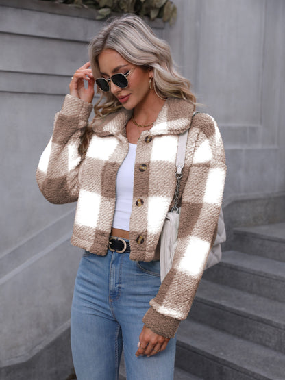 Manteau en peluche à carreaux pour femme – Vêtement d'extérieur chaud à carreaux pour l'automne/hiver avec boutons