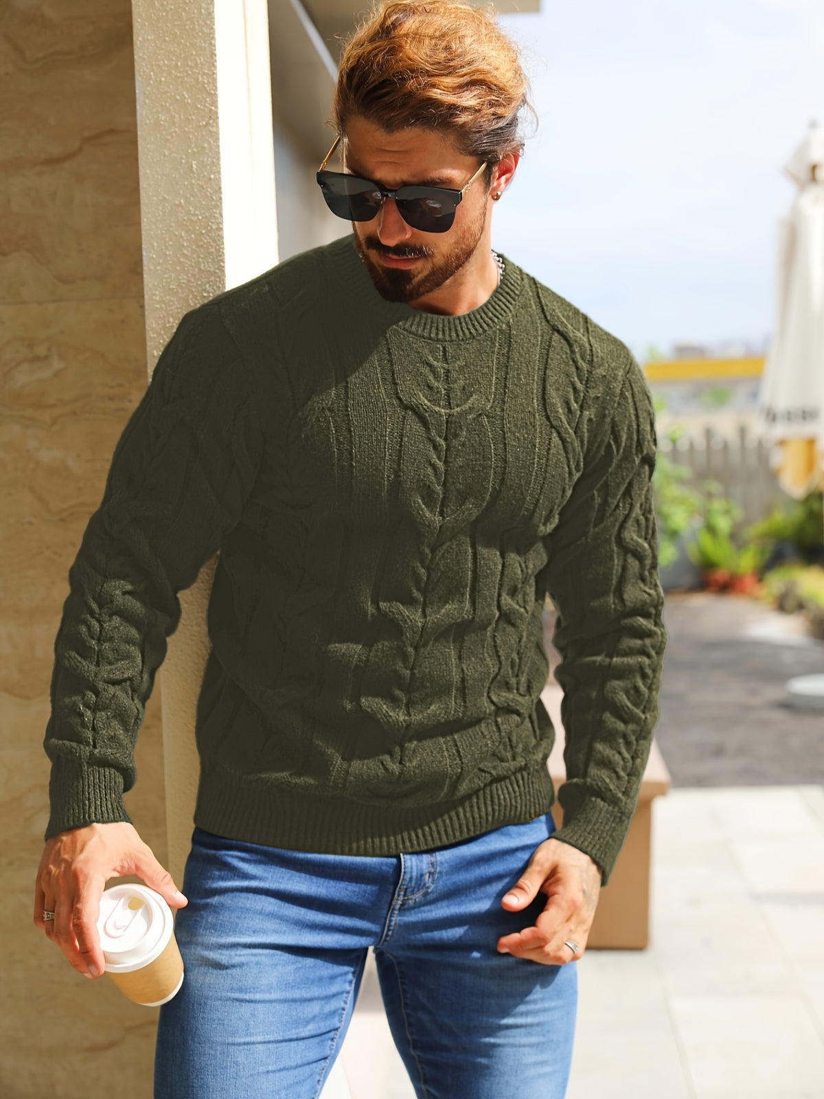 Suéter de punto a rayas para hombre – Suéter suave con cuello redondo y ribete acanalado