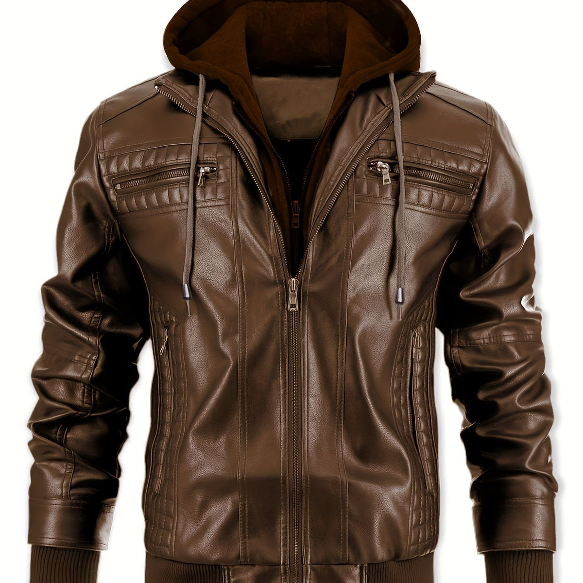 Men’s PU Leather Bomber Jacket – Zip-Up w/ Removable Hood
