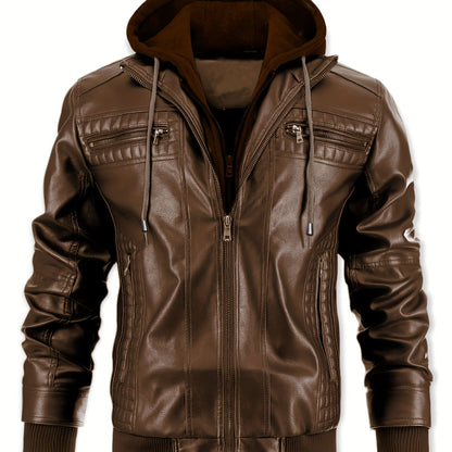 Men’s PU Leather Bomber Jacket – Zip-Up w/ Removable Hood