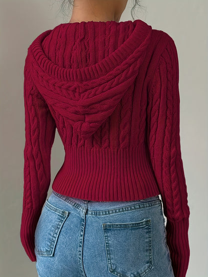 Gilet zippé à capuche élégant – Tricot torsadé, couche chaude