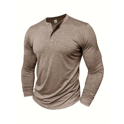 Camisa Henley de manga larga para hombre - Pulóver informal de algodón Slub