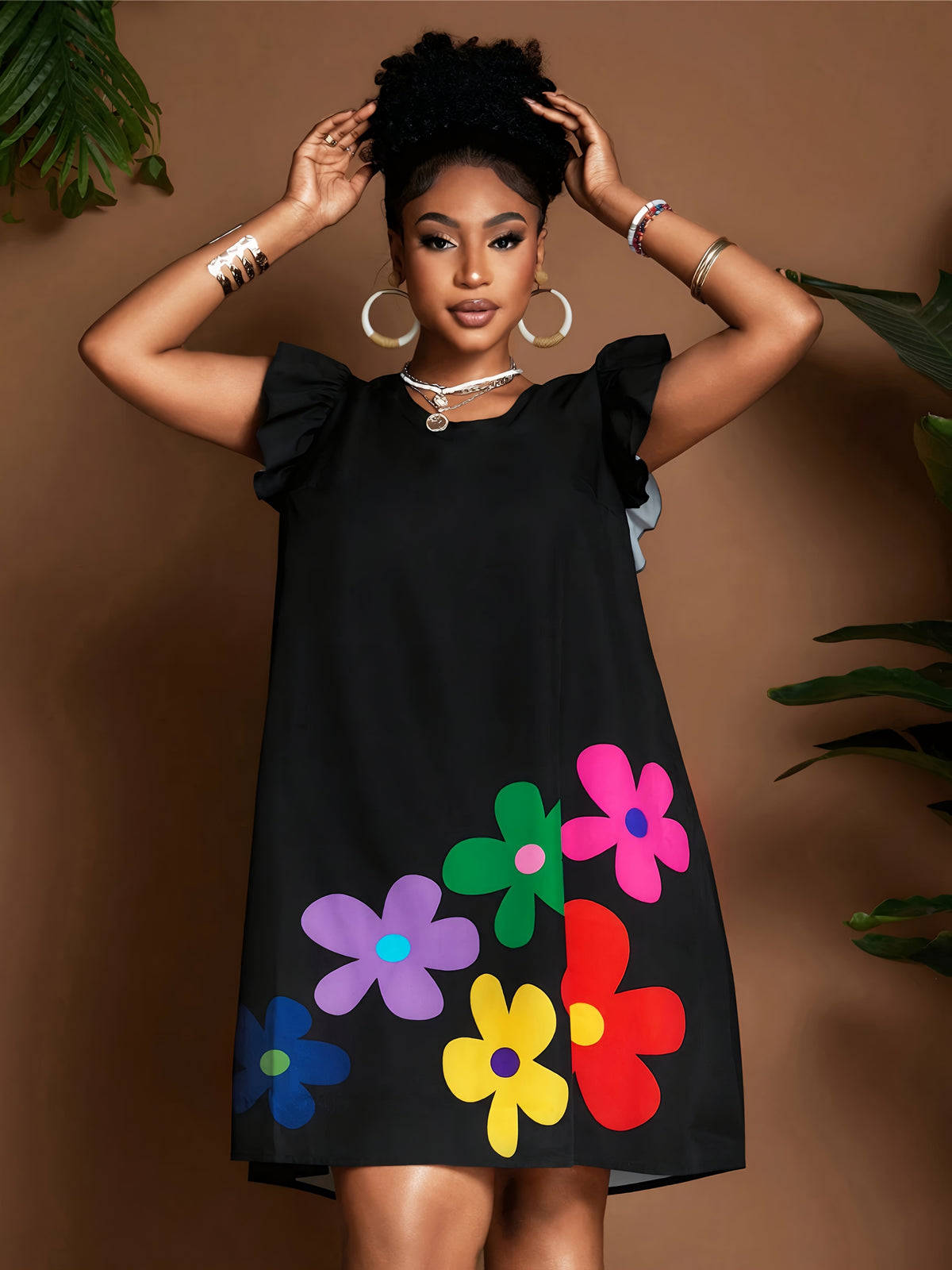 Robe soleil fleurie à manches volantées – Élégante robe d'été longueur genou