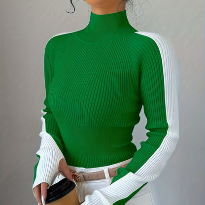 Women’s Color Block Turtleneck Sweater – Elegant Soft Knit Top