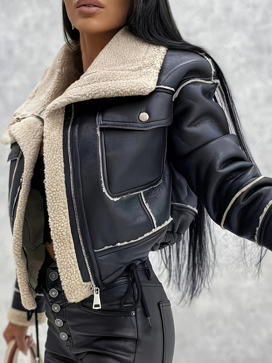 Blouson Biker Femme Imitation Mouton – Manteau Décontracté Zippé à Revers pour Automne/Hiver
