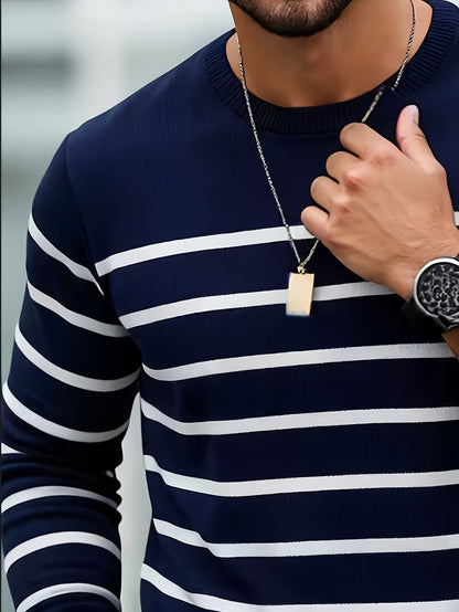 Men’s Striped Knit Sweater – Casual Crew Neck Streetwear Pullover