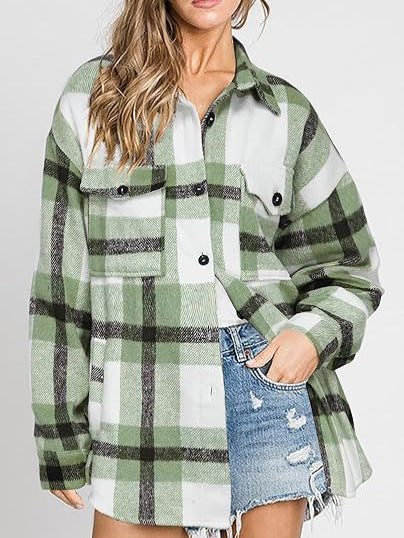 Women’s Plaid Buckle Jacket – Casual Loose Fit Coat