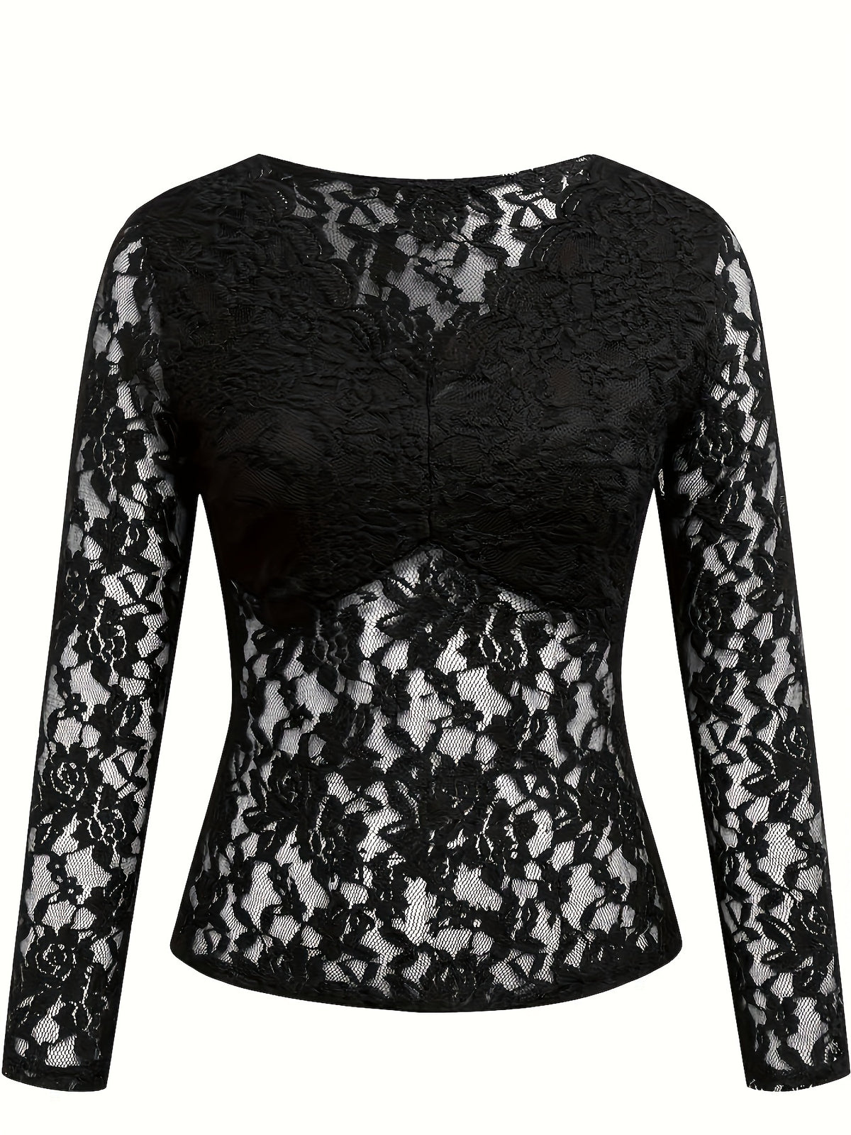 Women’s Sheer Lace V-Neck Top – Elegant Floral Long Sleeve Blouse