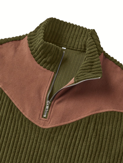 Pull Homme Demi-Zip Col Droit – Sweat Rétro Chaud et Côtelé