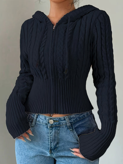 Gilet zippé à capuche élégant – Tricot torsadé, couche chaude