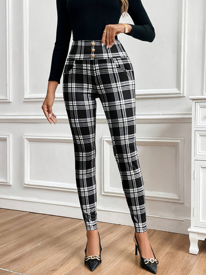 Women’s High-Waist Checkered Slim Pants – Elegant Plaid Trousers