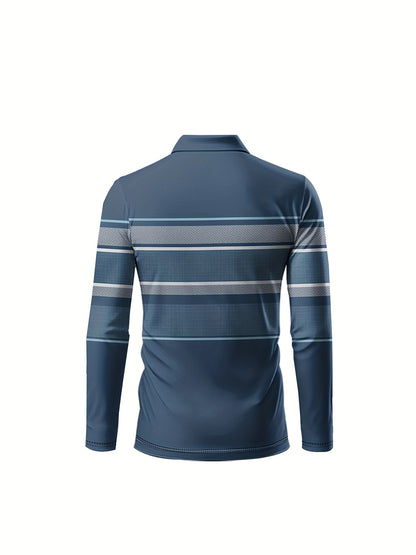 Men’s Blue & White Striped Polo Shirt – Long Sleeve Casual Preppy Polo