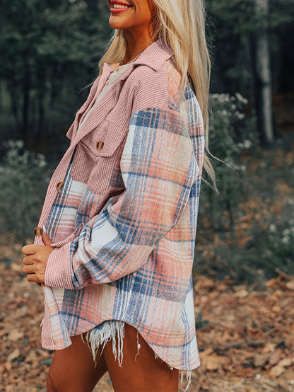 Shacket à carreaux pour femme – Col à revers, boutonnée, épaules tombantes, automne/printemps