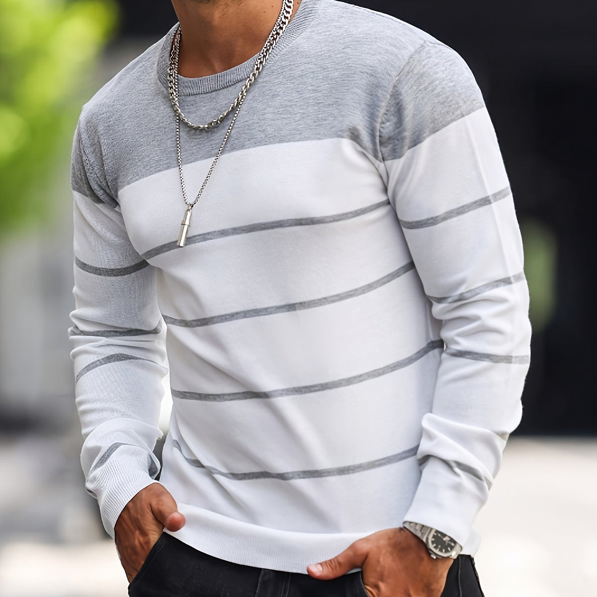 Men’s Navy Striped Knit Sweater – Casual Crew Neck Pullover