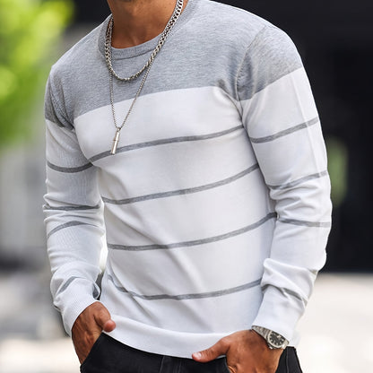 Men’s Navy Striped Knit Sweater – Casual Crew Neck Pullover