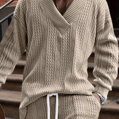 Men’s V-Neck Knit Sweater – Jacquard Rib Casual Pullover