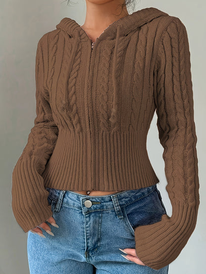 Gilet zippé à capuche élégant – Tricot torsadé, couche chaude