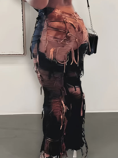Tie-Dye Mesh Flare Pants – High-Waisted Fringe Detail Semi-Sheer Trousers