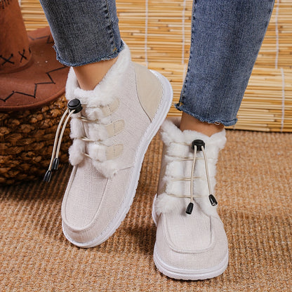 Women’s Faux Fur Slip-On Shoes – Cozy Winter Warm Beige Drawstring Loafers