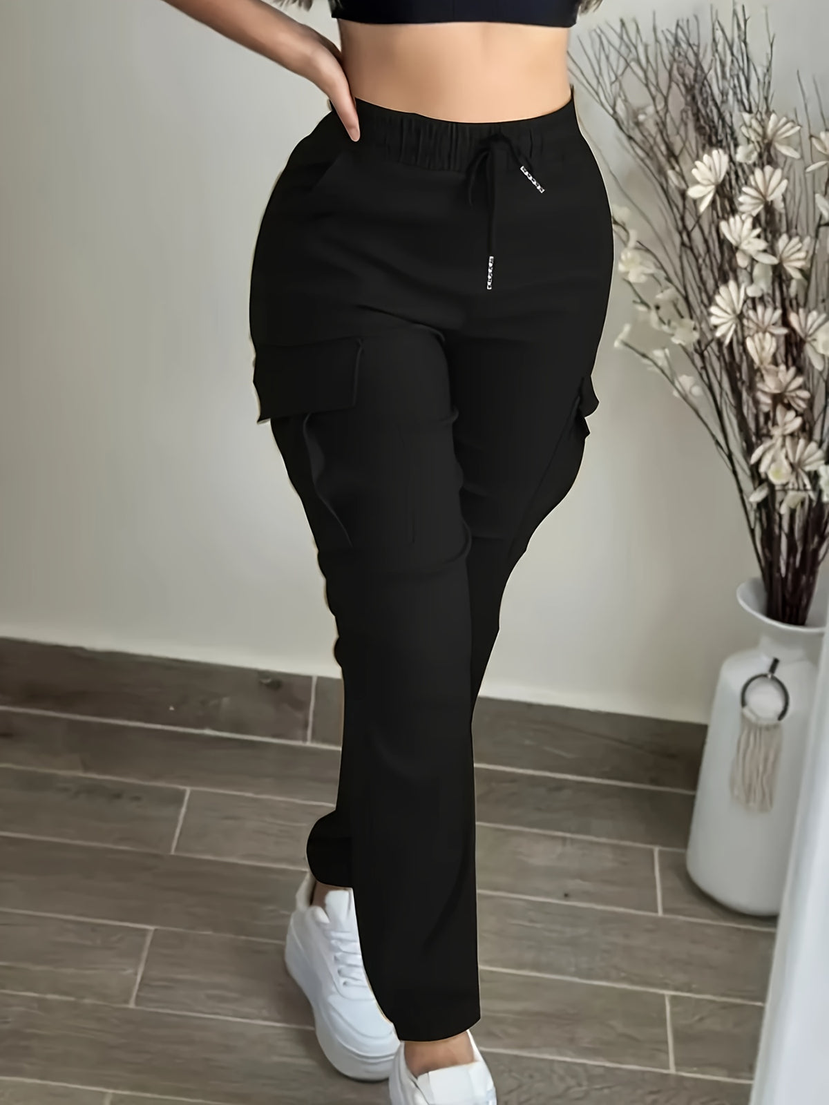 Women’s Black Cargo Pants – Elastic Drawstring Workwear Trousers