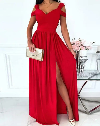 Robe longue bohème à col en V et bretelles spaghetti – Robe de plage fluide et fendue