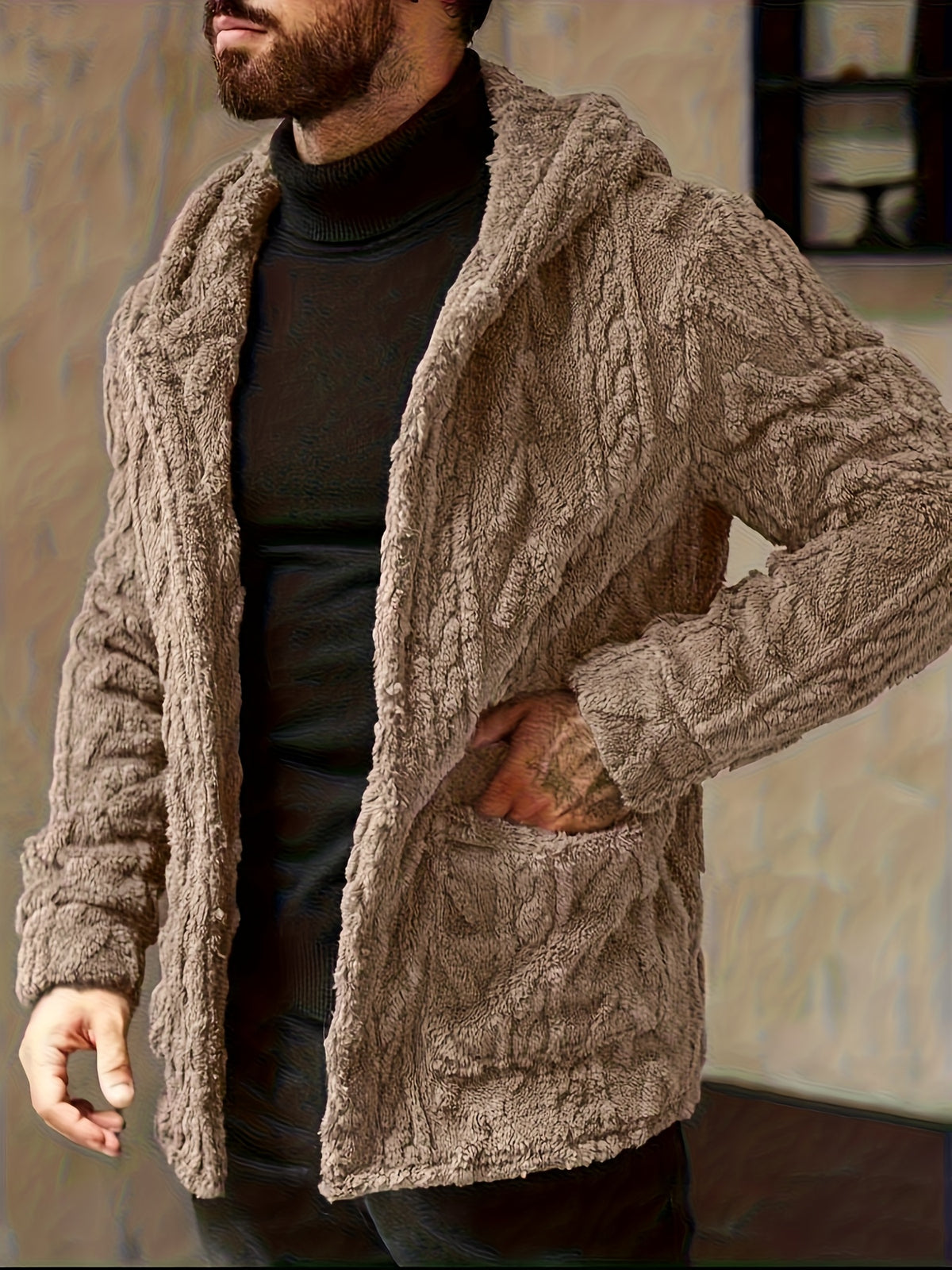 Men’s Teddy Fleece Hooded Jacket – Cozy Button-Up Winter Cardigan