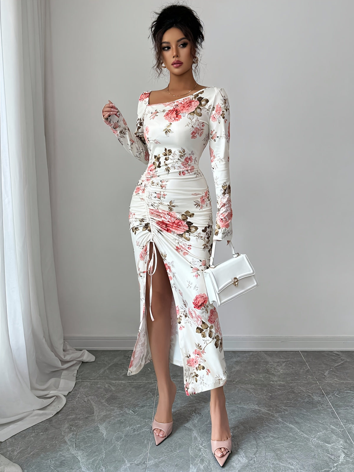 Asymmetrical Floral Bodycon Dress – Long Sleeve Ruffle Slit Dress