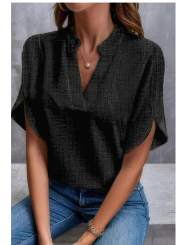Loom & Soul™ V-Neck Chiffon Blouse – Women’s Elegant Short-Sleeve Summer Top