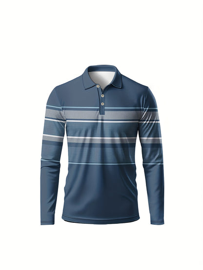 Men’s Blue & White Striped Polo Shirt – Long Sleeve Casual Preppy Polo