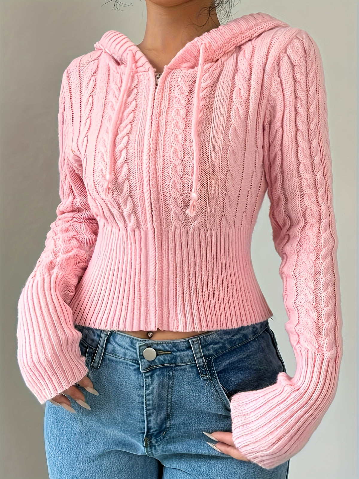 Gilet zippé à capuche élégant – Tricot torsadé, couche chaude