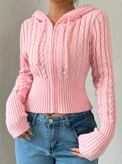 Gilet zippé à capuche élégant – Tricot torsadé, couche chaude