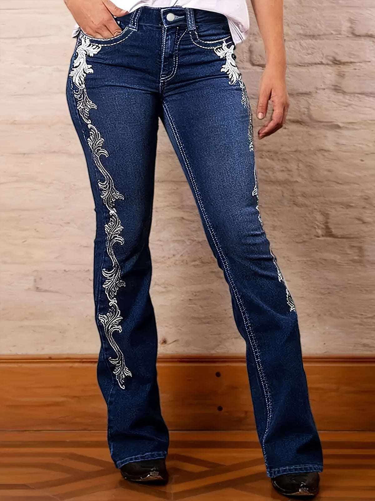 Vaqueros Flare para Mujer – Acampanados Azul Oscuro con Diseño Estampado Lateral
