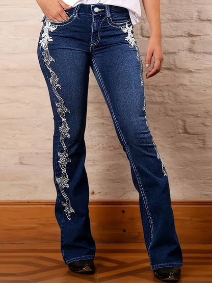 Vaqueros Flare para Mujer – Acampanados Azul Oscuro con Diseño Estampado Lateral