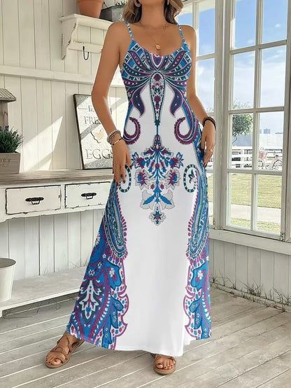 Robe longue imprimée sans manches col en V – Robe à bretelles motif rétro artistique