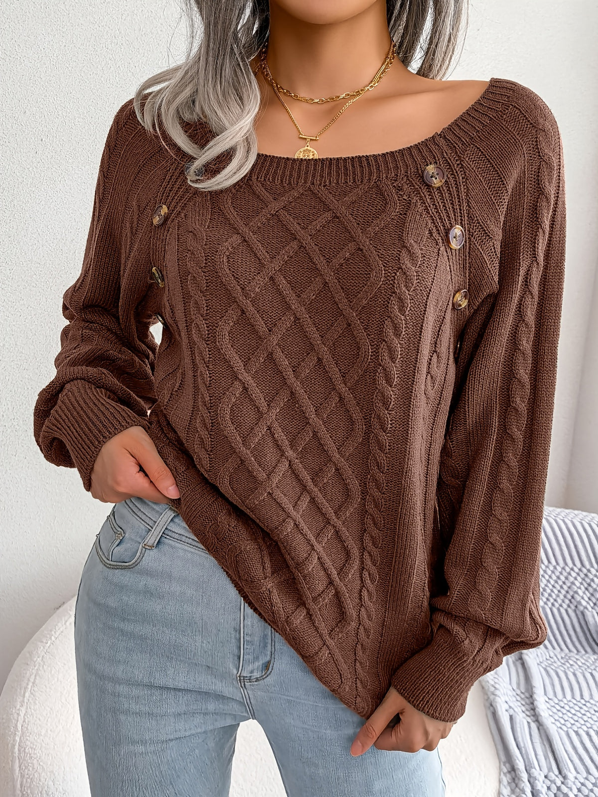 Pull texturé à manches lanternes pour femme – Haut en maille à boutons