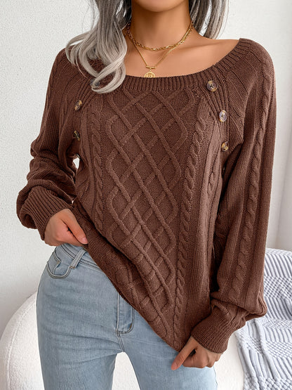 Pull texturé à manches lanternes pour femme – Haut en maille à boutons