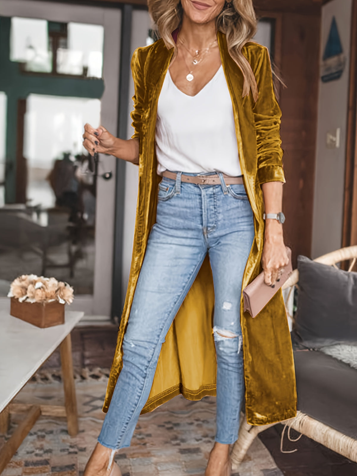 Veste longue Golden Fleece – Manteau élégant tricoté et doux pour femme, Automne/Hiver