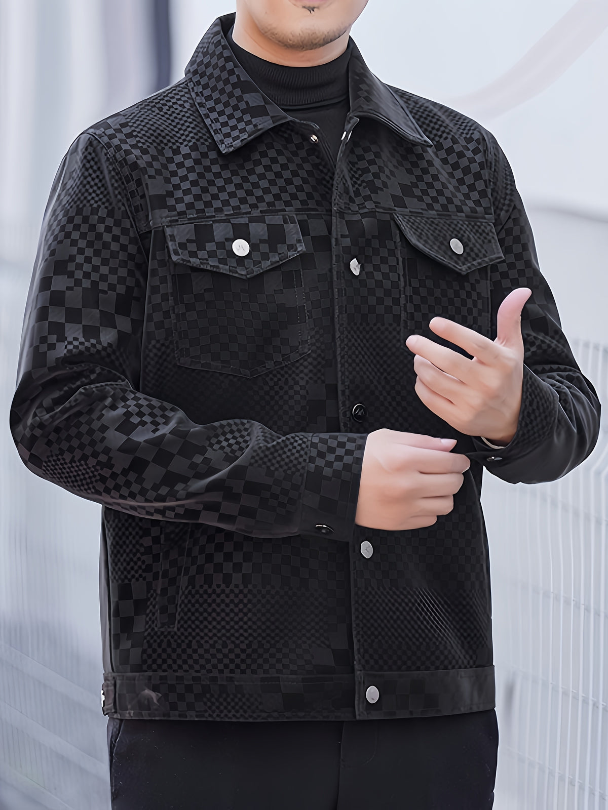 Manteau en PU à carreaux pour hommes – Veste de rue pied-de-poule noir et marron
