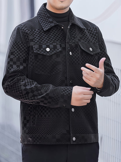 Manteau en PU à carreaux pour hommes – Veste de rue pied-de-poule noir et marron