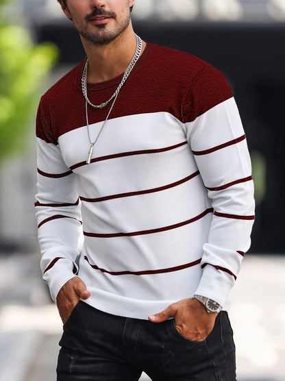 Men’s Navy Striped Knit Sweater – Casual Crew Neck Pullover