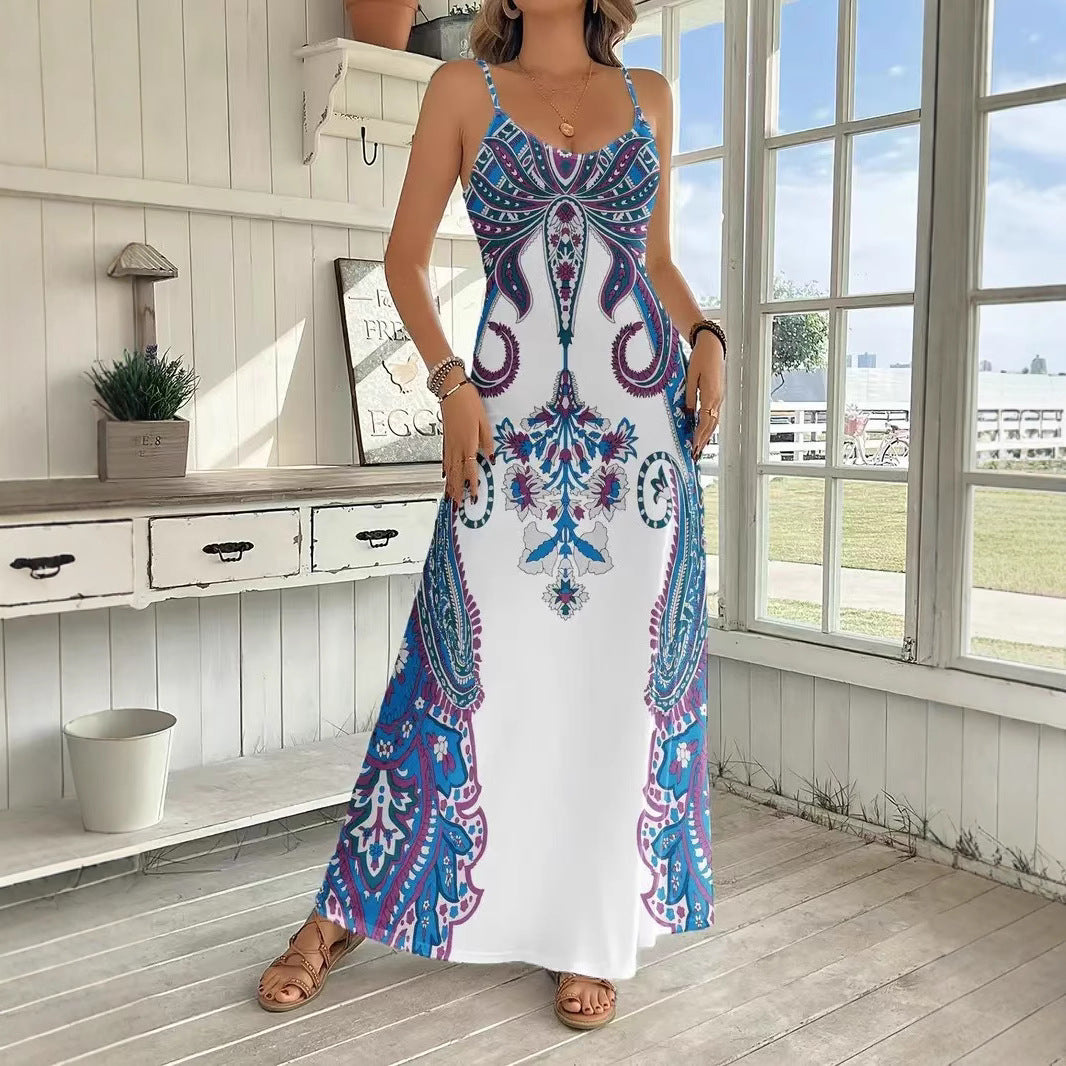 Robe longue imprimée sans manches col en V – Robe à bretelles motif rétro artistique
