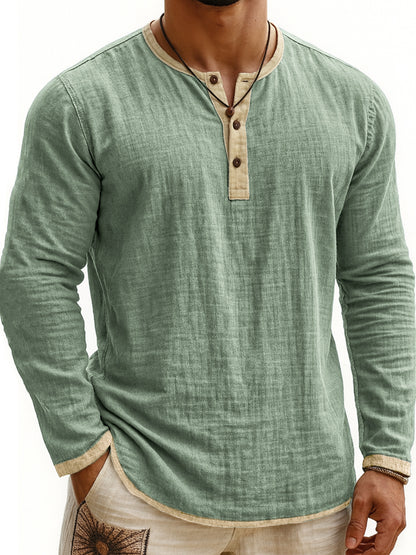 Chemise Henley Homme à Manches Longues Slim Fit à 3 Boutons et Imprimé Numérique Bicolore
