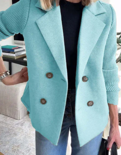 Women’s Double-Breasted Lapel Jacket – Knit Sleeve Spliced Coat