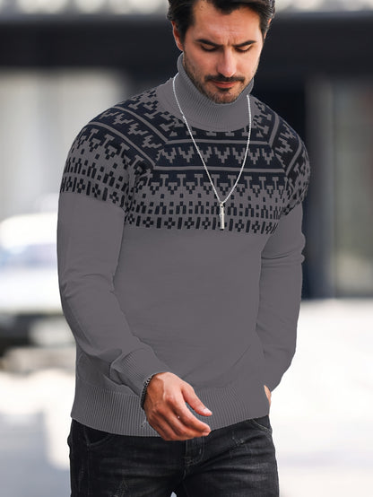 Men’s Geometric Turtleneck Sweater – Casual Knit Pullover for Fall & Winter