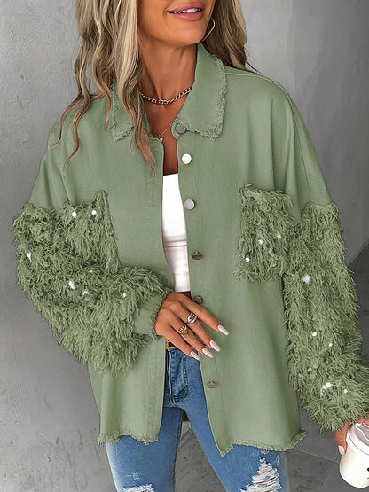 Veste chemise patchwork à paillettes et pampilles pour femme – Veste à manches longues contrastantes duveteuses
