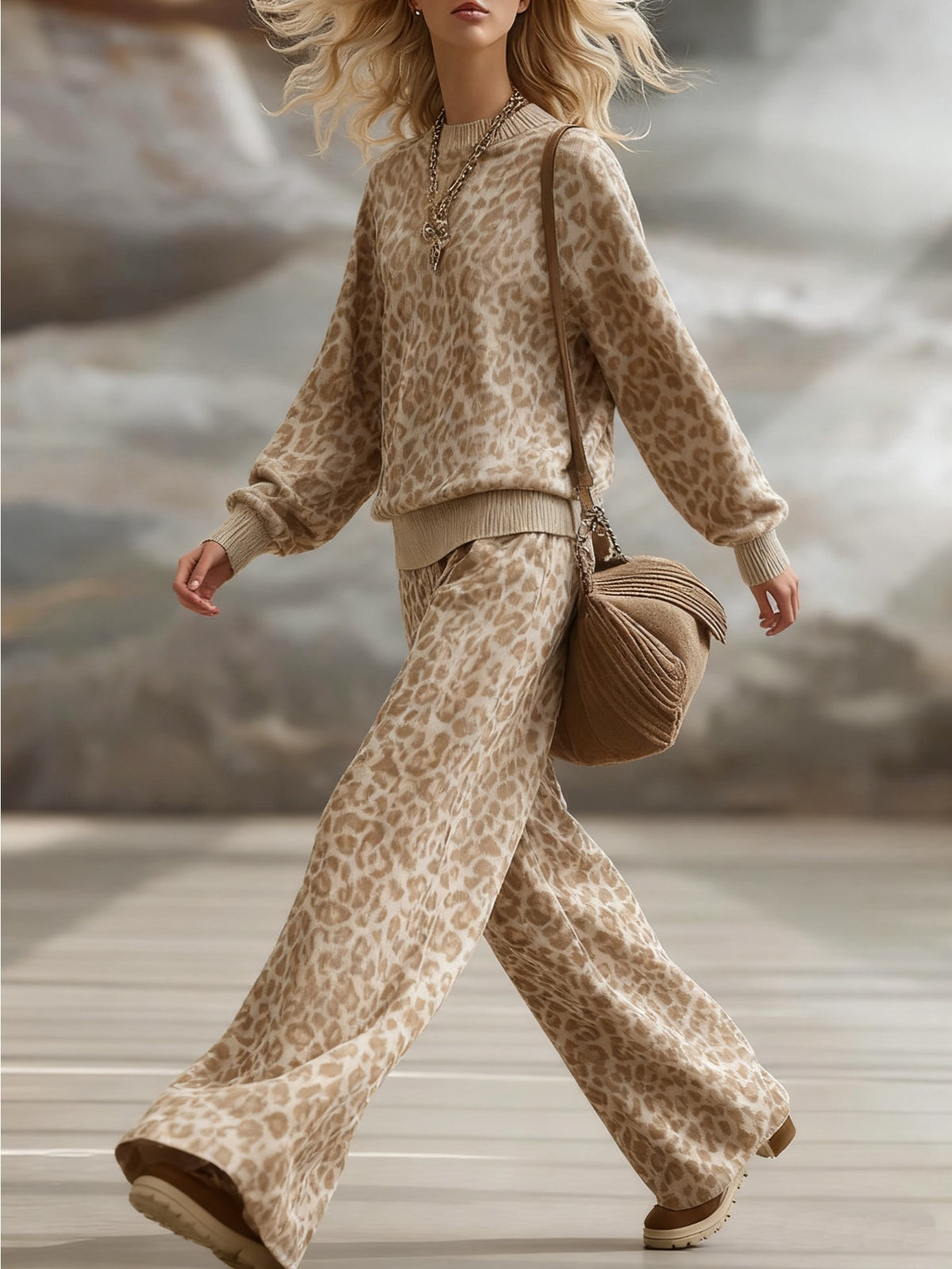 Women’s Leopard Print Set – Light Brown Loose Streetwear Outfit