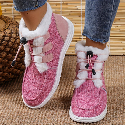 Women’s Faux Fur Slip-On Shoes – Cozy Winter Warm Beige Drawstring Loafers