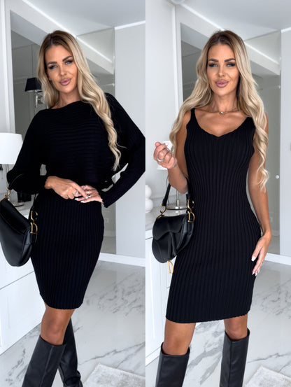 Ensemble 2 pièces Loom & Soul pour femme – Haut rayé à manches longues et jupe salopette ajustée, tenue élégante automne hiver