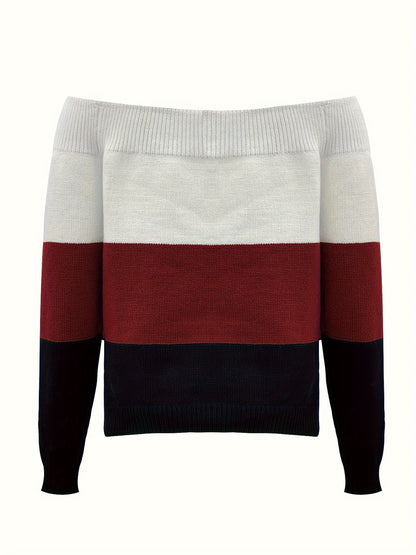 Women’s Off-Shoulder Color Block Sweater – Chic Fall Knit Pullover