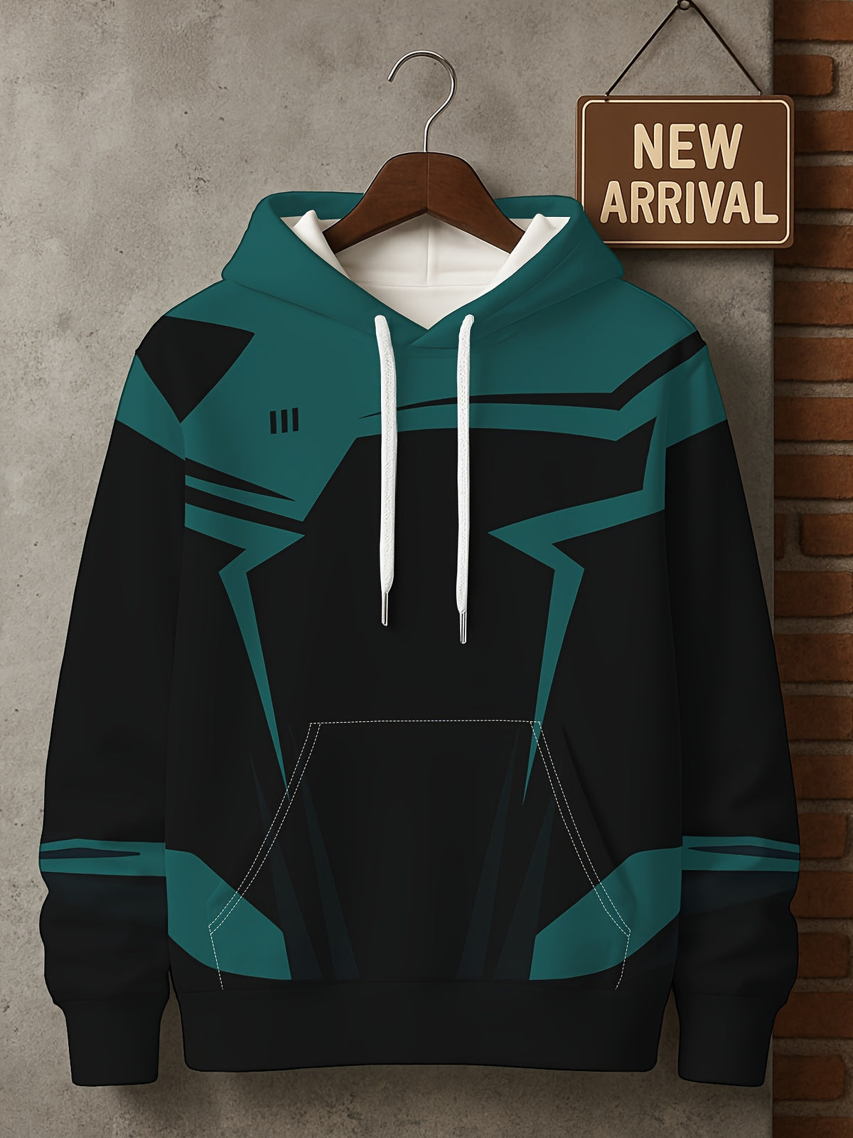 Men’s 3D D-Print Hoodie – Black & White Color-Block Street Pullover